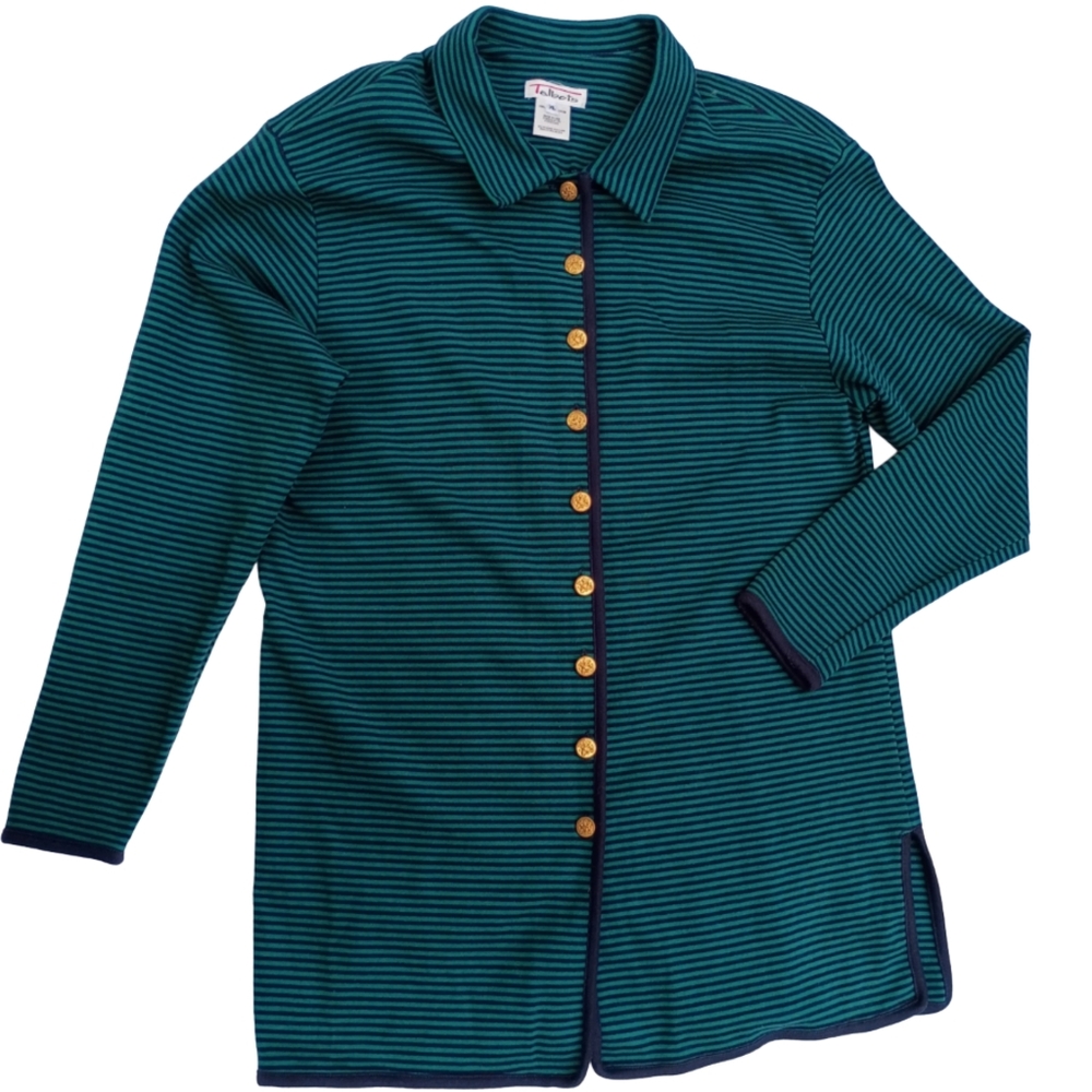 Talbots Women’s XL Vintage Teal Black Striped Blazer Jacket Gold Button Preppy